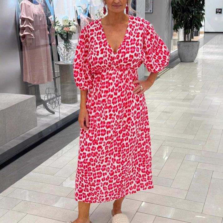 Damen nan Maxikleid mit tiefem V-Ausschnitt, voluminösen Puffärmeln und smockierter Taillennaht Drune