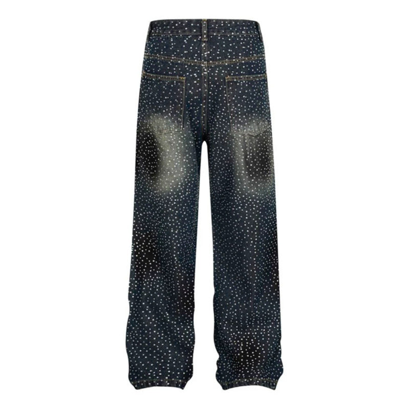 Damen Weite High‑Waist Denim‑Palazzo‑Jeans mit Allover‑Strass und Gummizugsaum Drune