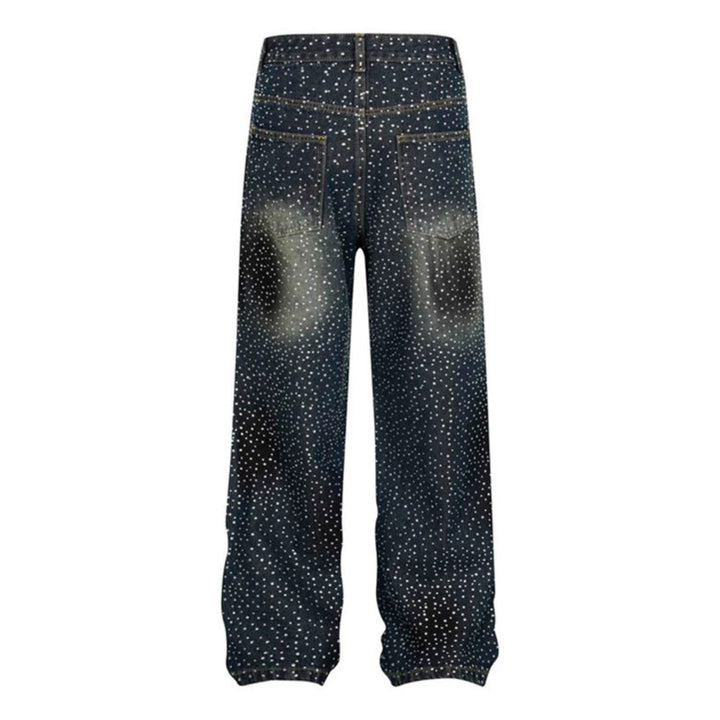 Damen Weite High‑Waist Denim‑Palazzo‑Jeans mit Allover‑Strass und Gummizugsaum Drune