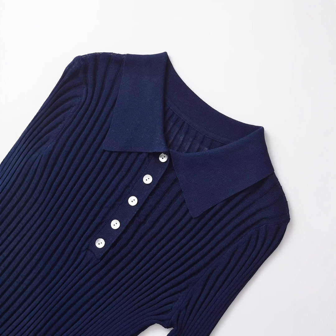 Damen Langarm Polo-Shirt mit eleganter Rippstruktur und Knopfleiste Drune