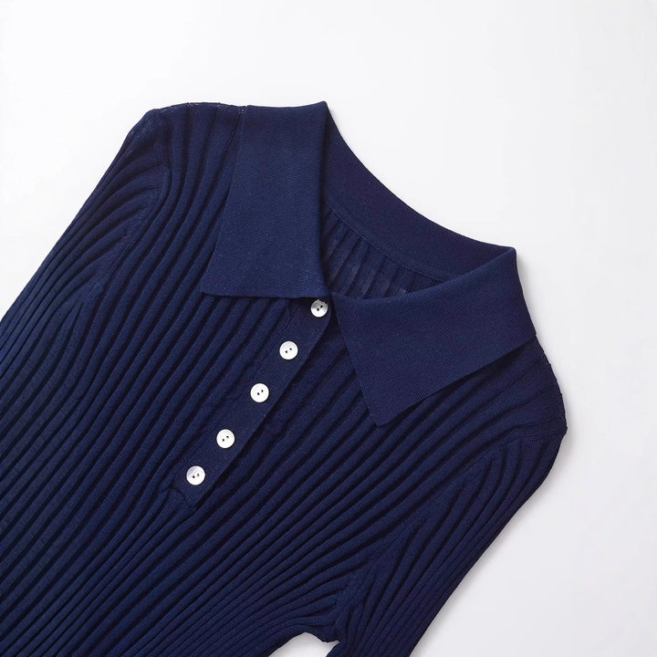 Damen Langarm Polo-Shirt mit eleganter Rippstruktur und Knopfleiste Drune