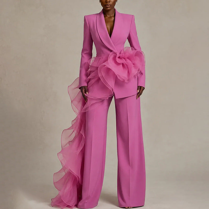 Damen Eleganter Anzug mit asymmetrischem Volant Drune