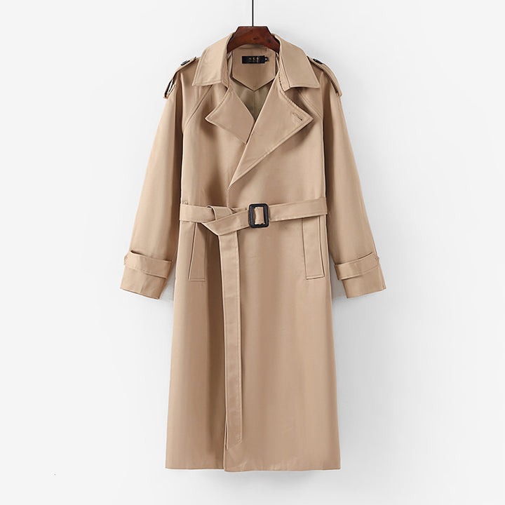 Unisex Langer minimalistischer Trenchcoat mit Gürtel und Schulterklappen Drune