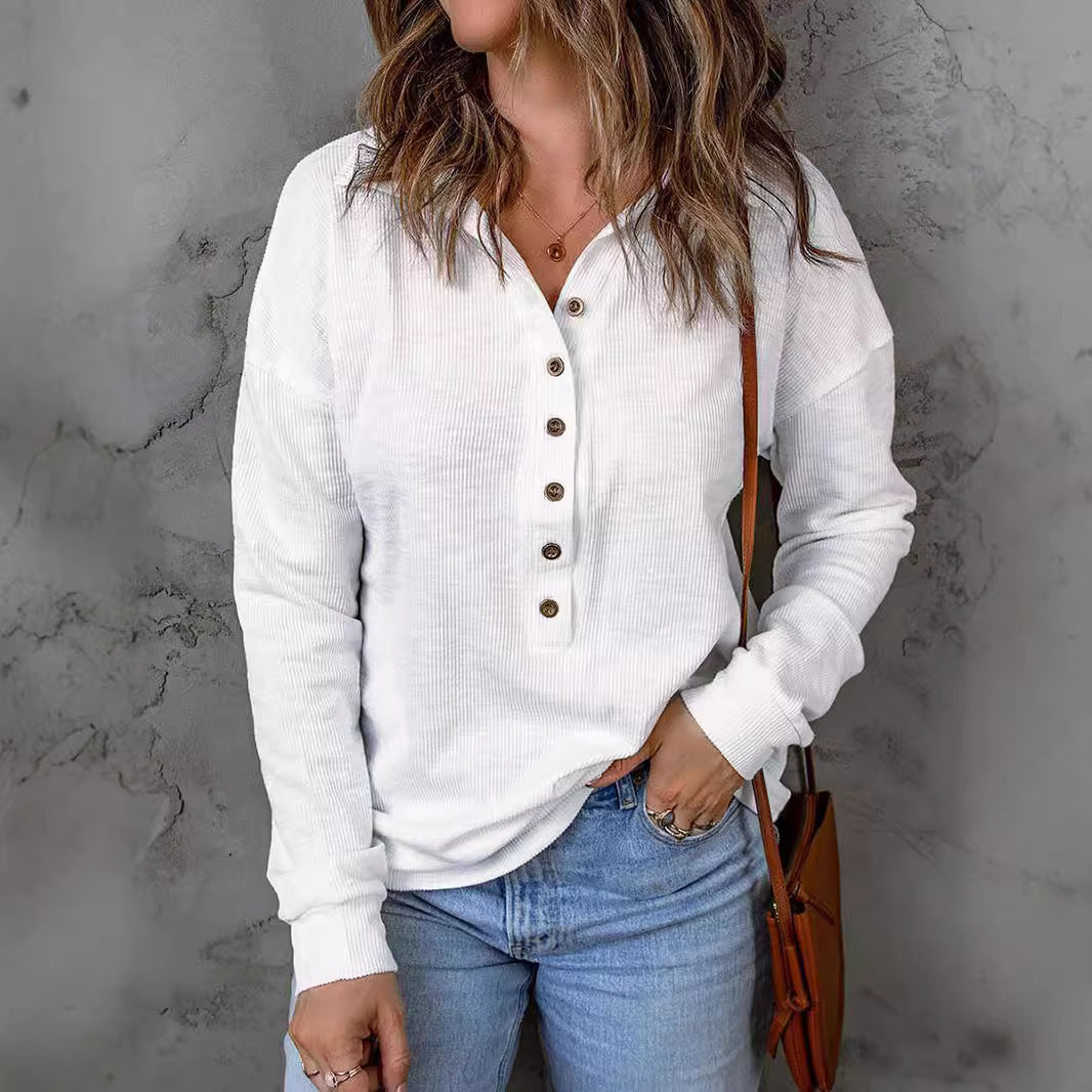 Damen Langarm-Waffelshirt mit Hemdkragen und Knopfleiste Drune