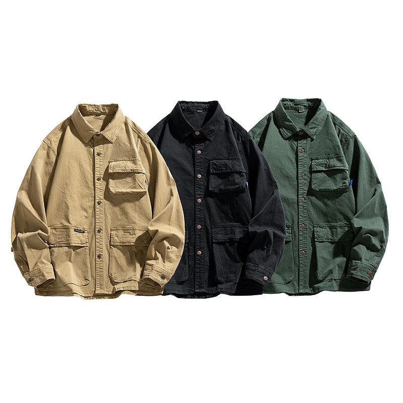Herren Lockere Utility-Overshirt-Jacke mit Mehrfach‑Taschen aus robustem Baumwoll‑Twill Drune