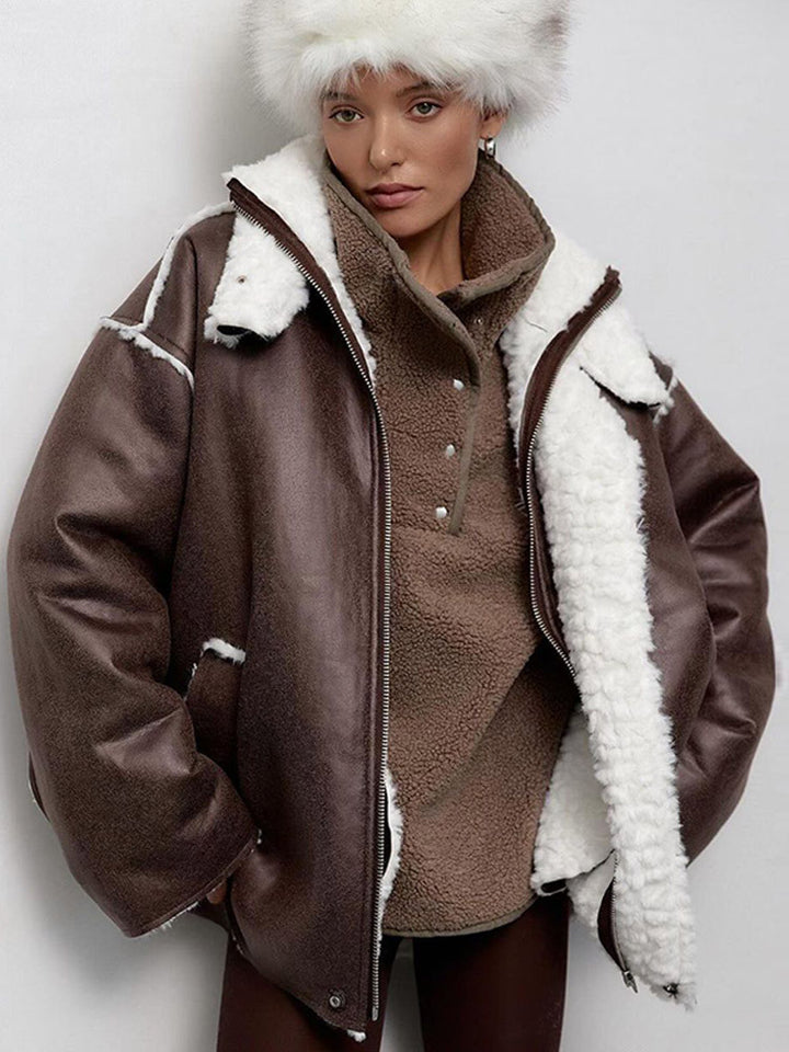 Damen Oversize Pilotjacke im Vintage-Look mit Sherpa‑Futter und Kontrastbesätzen Drune
