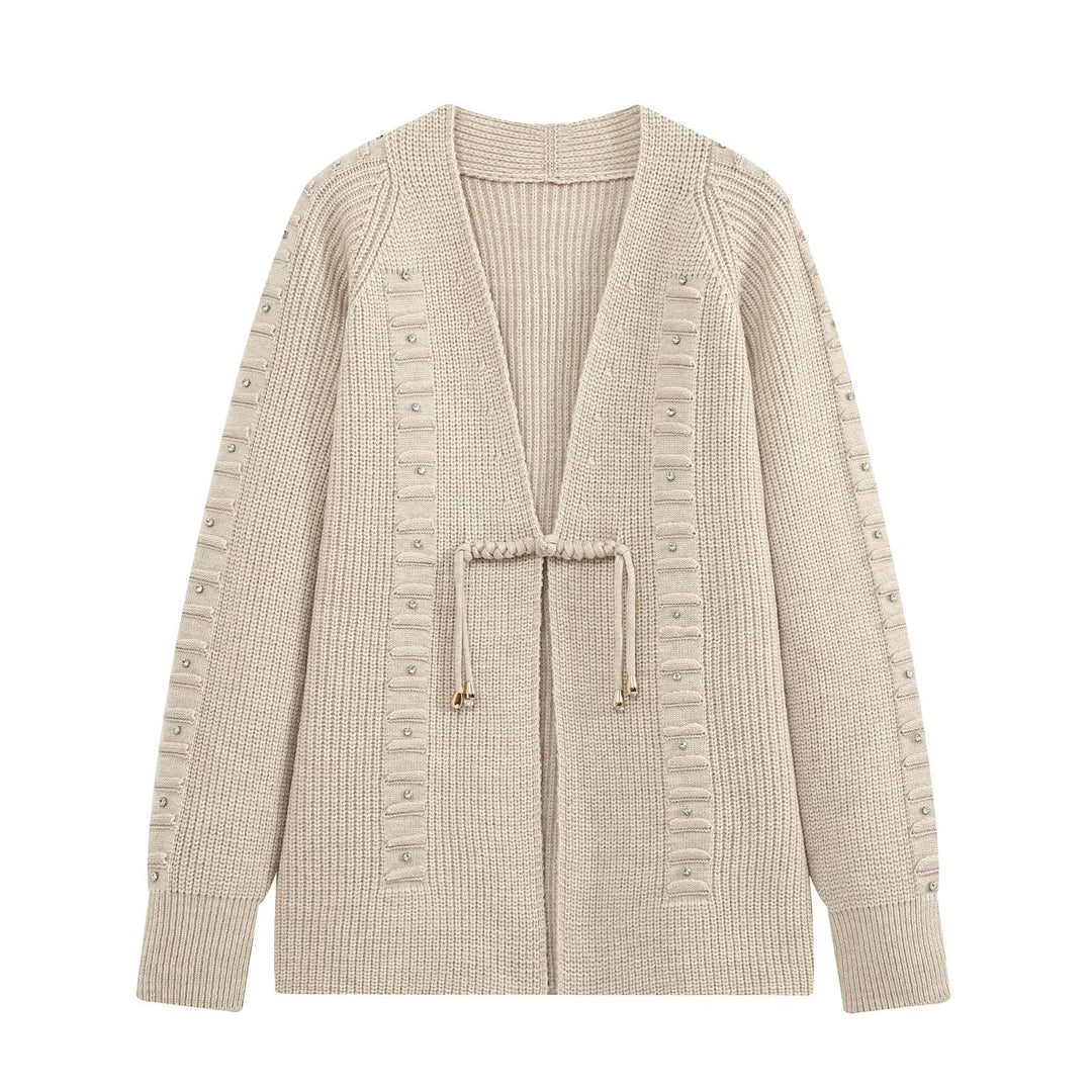Damen Grobgestrickter Longcardigan mit Ziersteinen und Kordelbindung Drune