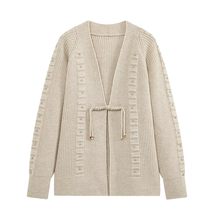 Damen Grobgestrickter Longcardigan mit Ziersteinen und Kordelbindung Drune