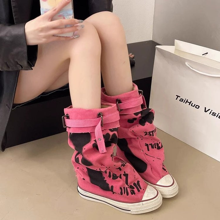 Damen Lässige Canvas-Plateau-Sneaker mit geschlitztem Schaft und Schnallenriemen Drune