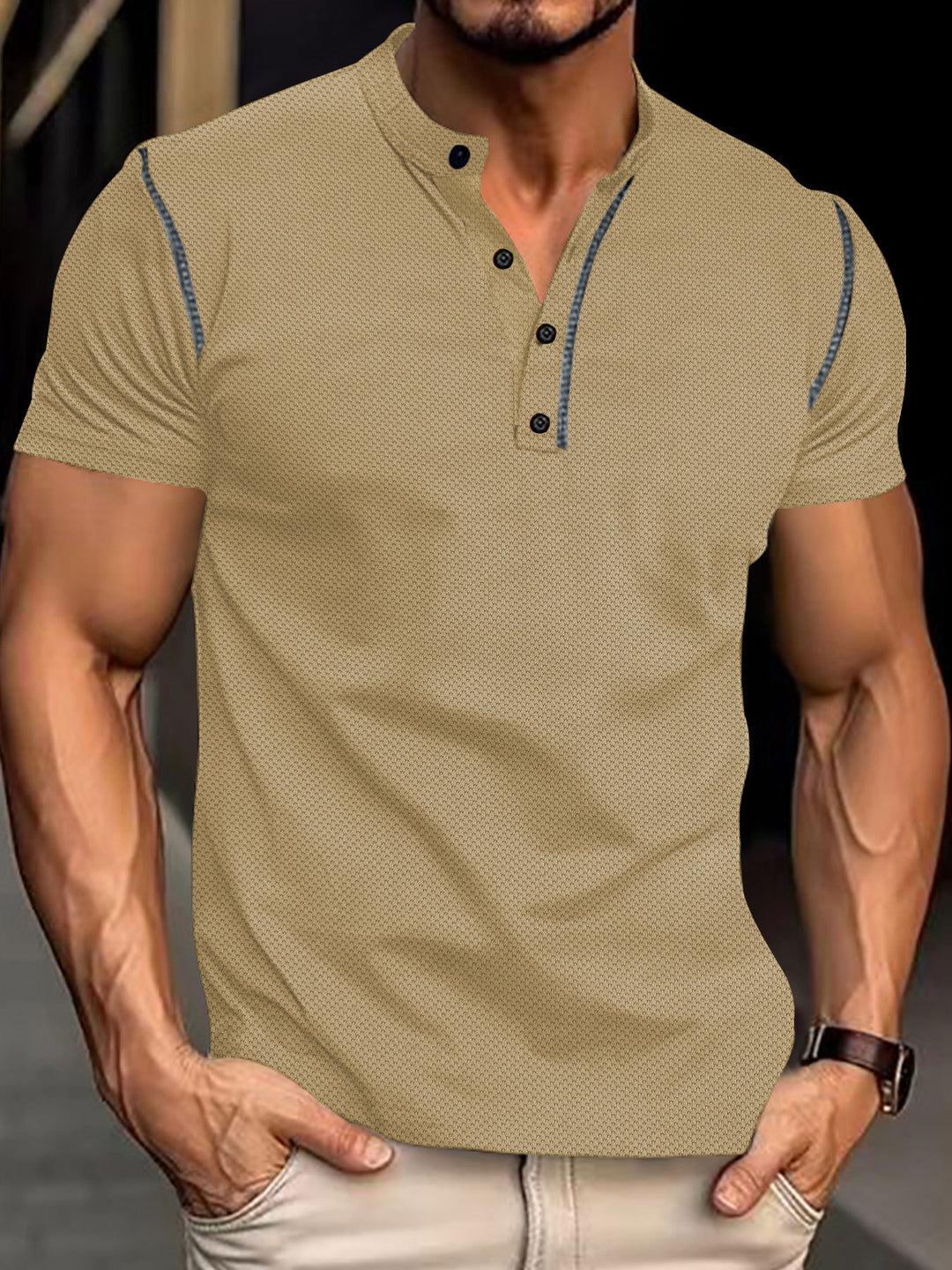 Herren nan tailliertes Struktur-Poloshirt mit Stehkragen und Zierpaspel Drune