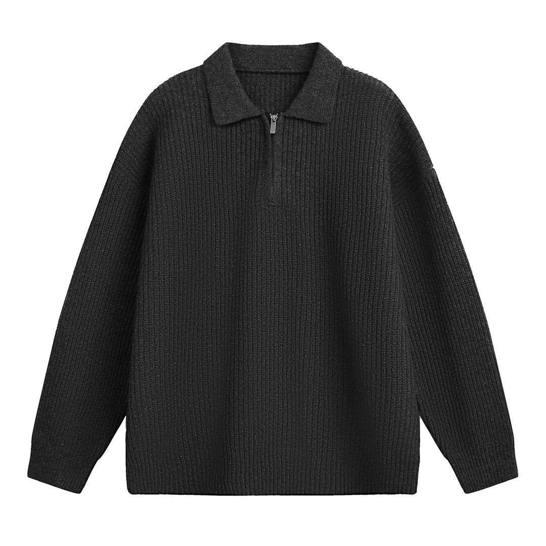 Unisex Boxy-Rippenpullover mit Polokragen und kurzem Metall-Halbzip Drune