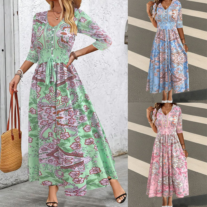 Damen Boho-Maxikleid mit V-Ausschnitt, Knopfleiste und Smokbund Drune