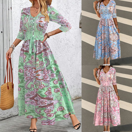 Damen Boho-Maxikleid mit V-Ausschnitt, Knopfleiste und Smokbund Drune