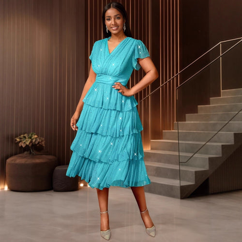 Damen Festliches Kleid mit schimmernden Rüschenschichten Drune