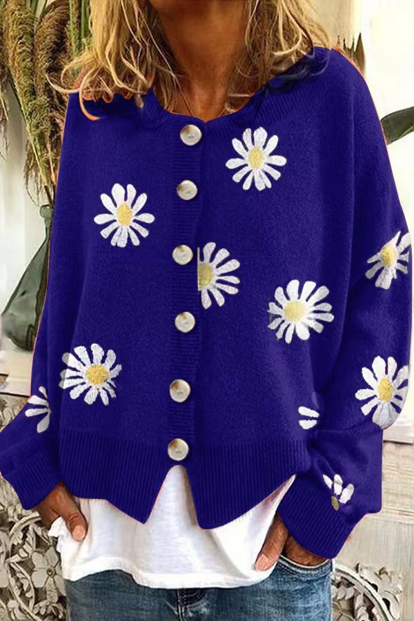 Damen Oversize Strickcardigan mit Knopfleiste und Gänseblümchen-Print Drune