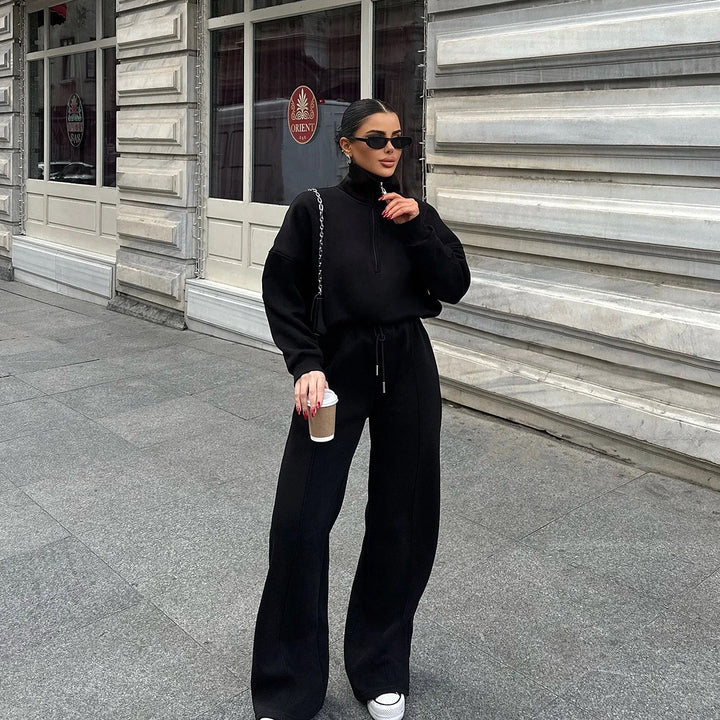 Damen bequemer Fleece-Athleisure-Anzug mit Stehkragen und Reißverschluss Drune