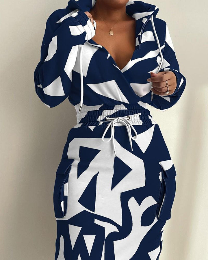 Damen Kapuzen Sweatkleid mit V-Ausschnitt, Kordelzug-Taille und Cargo-Taschen Drune
