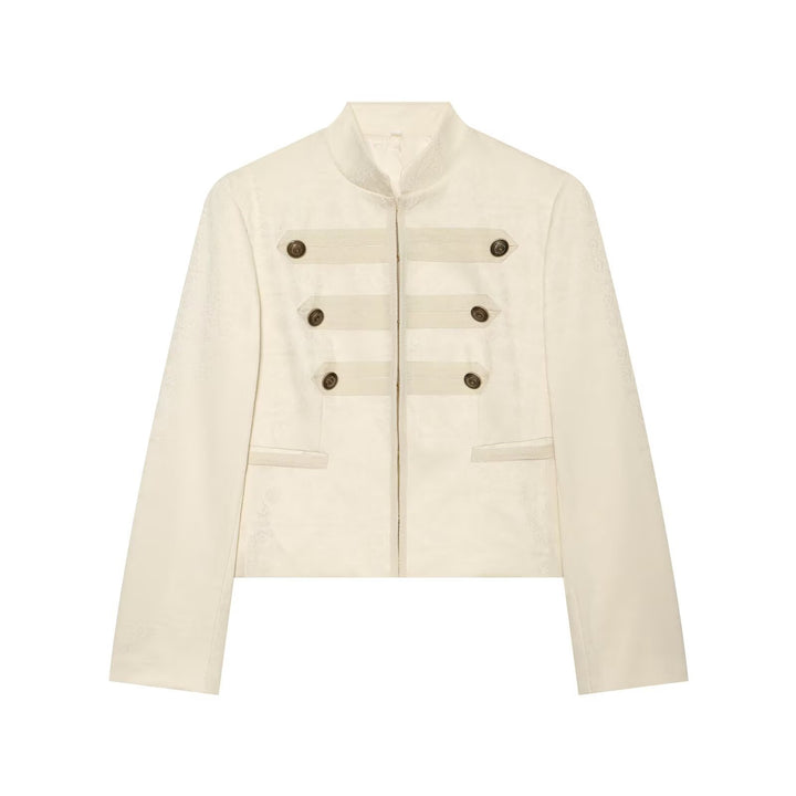 Damen Kurze Paradejacke mit Stehkragen, Zierbesatz und Reihenknöpfen Drune