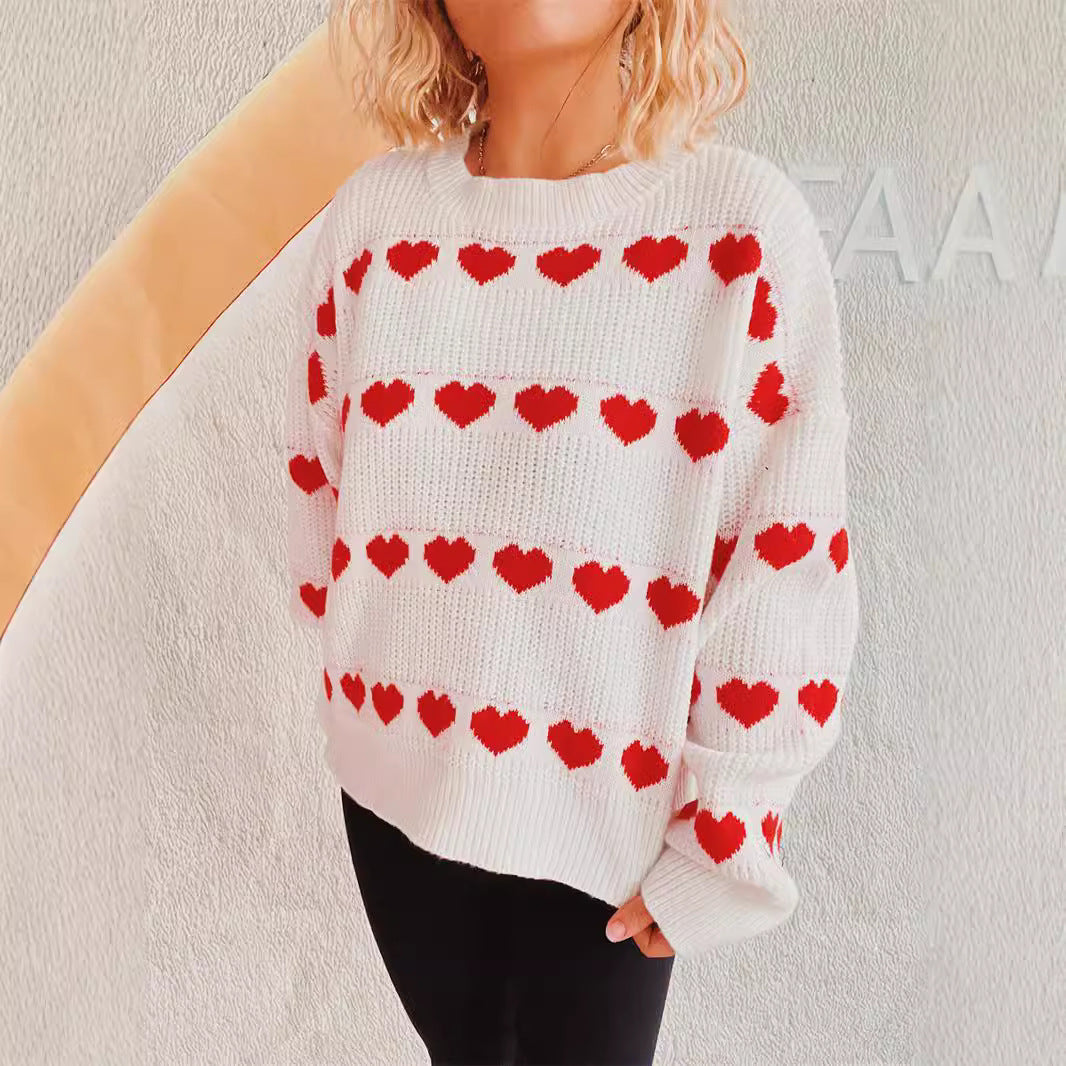 Damen gemütlicher Herzmuster-Strickpullover mit weiten Ärmeln Drune
