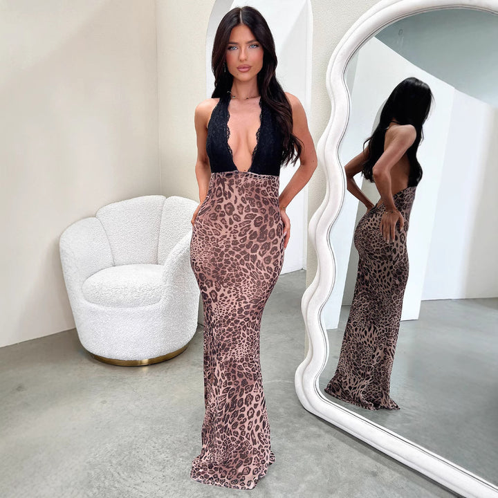 Damen Elegantes Leoparden-Maxi-Kleid mit tiefem V-Ausschnitt und raffinierten Spitzenbesätzen Drune