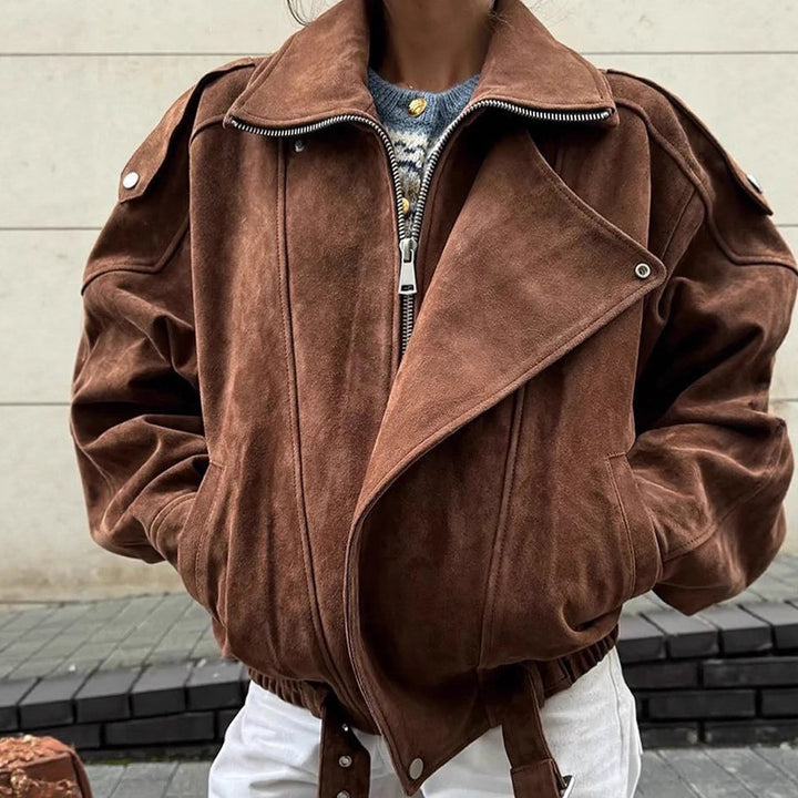 Damen weiche Wildlederjacke mit lässigem Schnitt und praktischen Taschen Drune