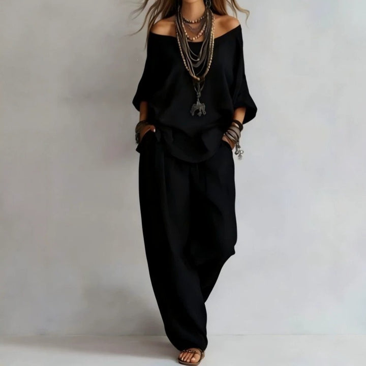 Damen Lässiges Leichtes Lounge-Set mit Carmenausschnitt und Palazzo-Hose Drune