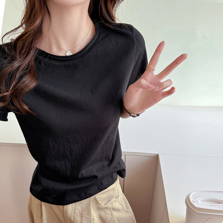 Damen Basic T-Shirt aus weicher Baumwolle mit Rundhalsausschnitt Drune