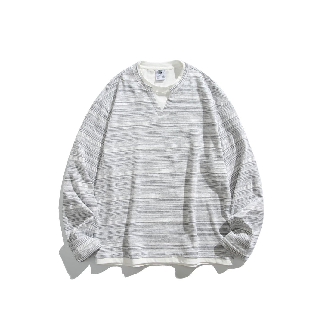 Unisex Gestreiftes Langarmshirt mit V-Notch und Lagen-Effekt Drune