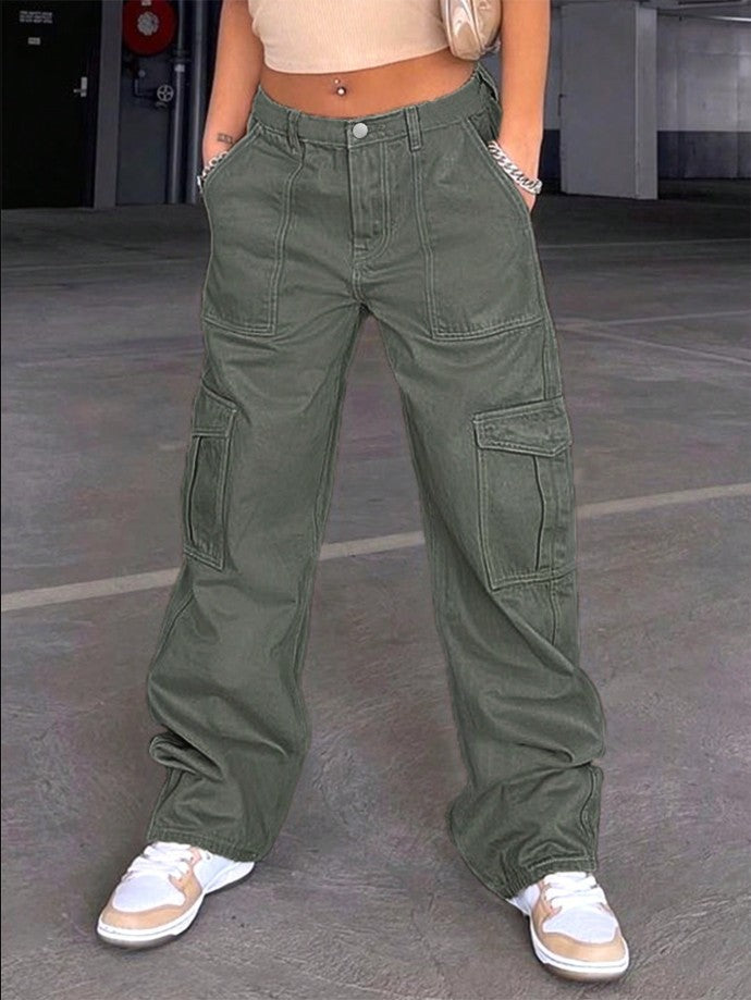 Damen Cargo-Hose mit weitem Bein, hoher Taille und Utility-Taschen Drune