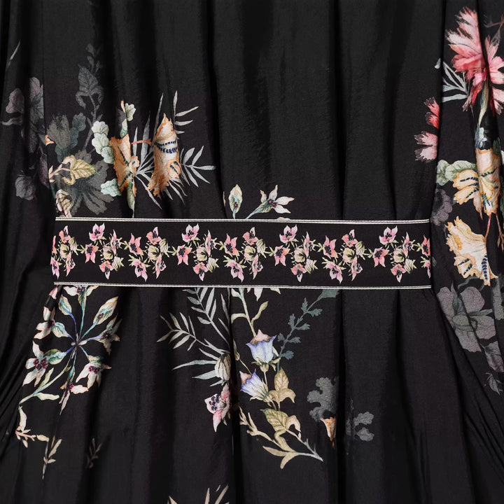 Damen Boho-Stufenkleid mit Stehkragen, Taillengürtel und Ballonärmeln Drune