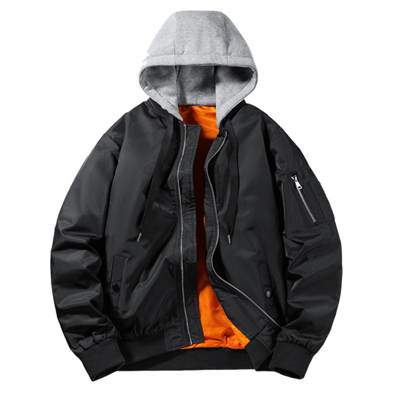 Herren Bomberjacke mit eingearbeiteter Kapuze, Ärmeltasche und Kontrastfutter Drune
