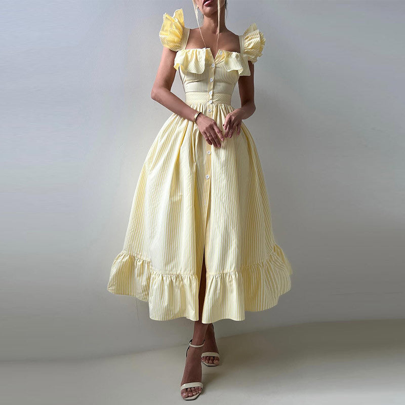 Damen Maxikleid mit Rüschendetails und Knopfleiste Drune
