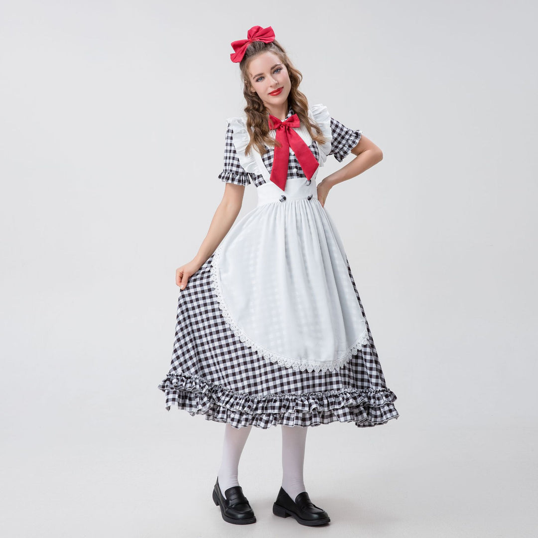 Damen nan Vintage-inspiriertes Karo-Swingkleid mit abnehmbarer Schürze, Rüschenärmeln und Schleifenkragen Drune