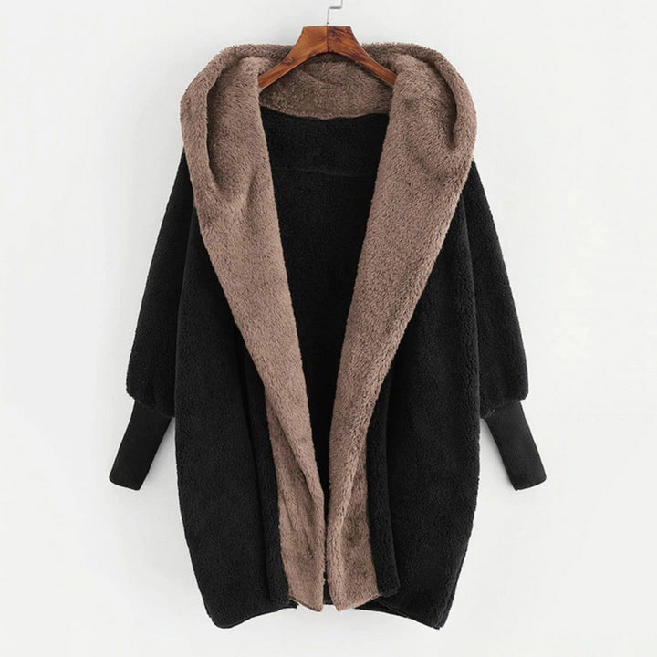 Damen Oversized Kunstfell-Kapuzenmantel mit kontrastierender Teddy-Innenseite und Rippbündchen Drune