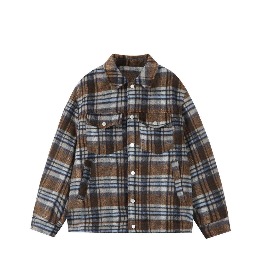 Damen Kurz geschnittene karierte Overshirt‑Jacke aus Wollmix mit Druckknopf‑Front und Pattentaschen Drune