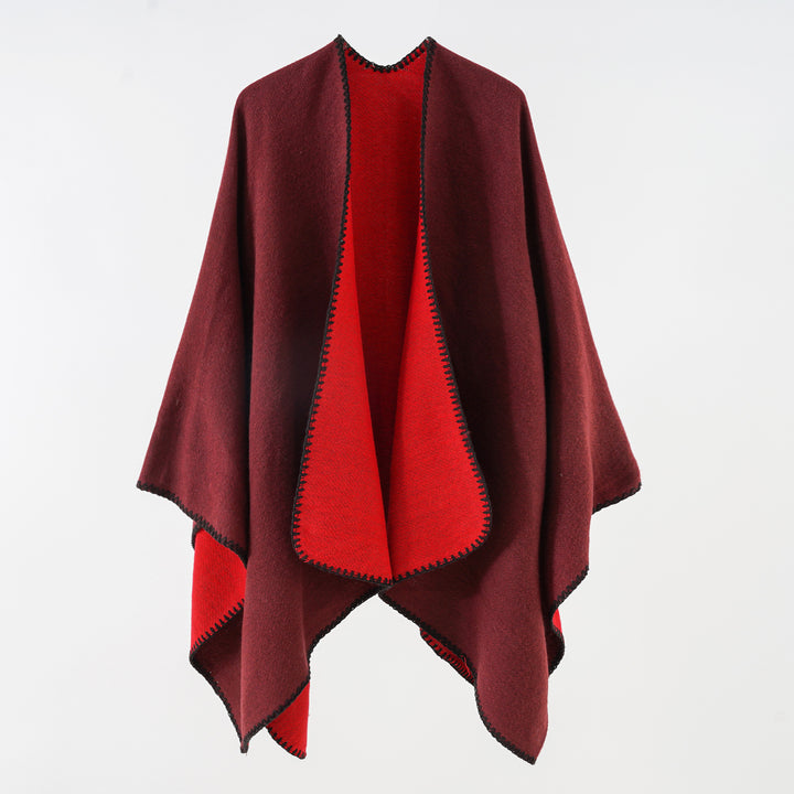 Damen Reversibler Strickponcho mit Zierkettnaht und Oversize-Fall Drune