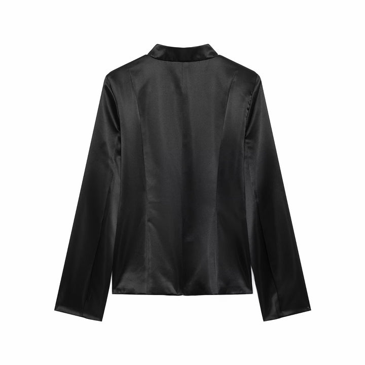 Damen Satin-Blazerjacke mit Mandarinkragen und Zierfroschknöpfen Drune