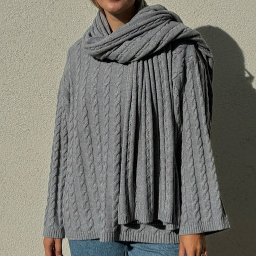 Damen Großer Strickpullover mit Schal Drune