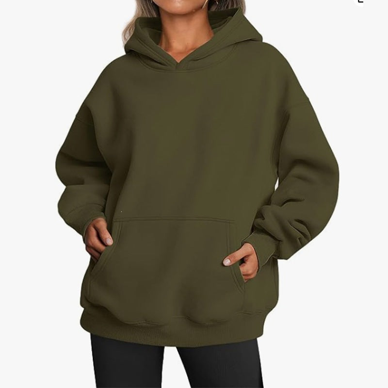 Damen nan Oversize-Kapuzenpullover mit Raglanärmeln, Kängurutasche und weichem Fleece-Innenfutter Drune