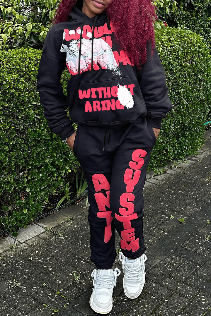 Damen Sportliches Sweatpants und Hoodie Set mit auffälligem Schriftzug Drune