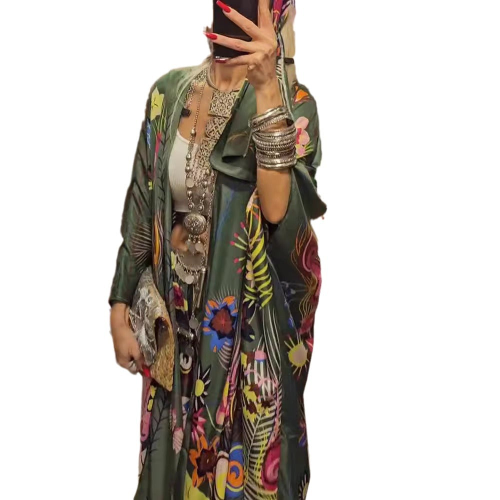 Damen nan extravagantes Maxi-Kaftan-Zweiteiler mit weitem Kimonoärmel, ausgestellter Palazzohose und ausdrucksstarkem Floralprint Drune