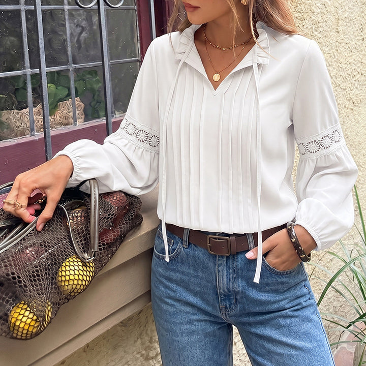 Damen Elegante Bluse mit Rüschendetails und Spitzenakzenten Drune