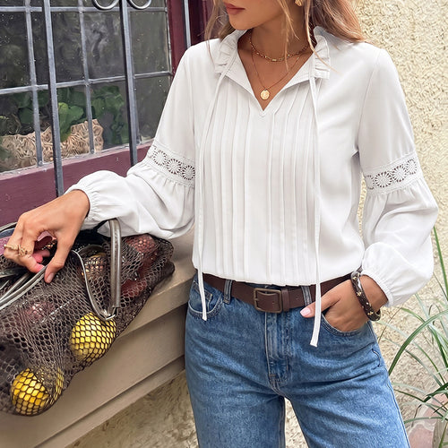 Damen Elegante Bluse mit Rüschendetails und Spitzenakzenten Drune