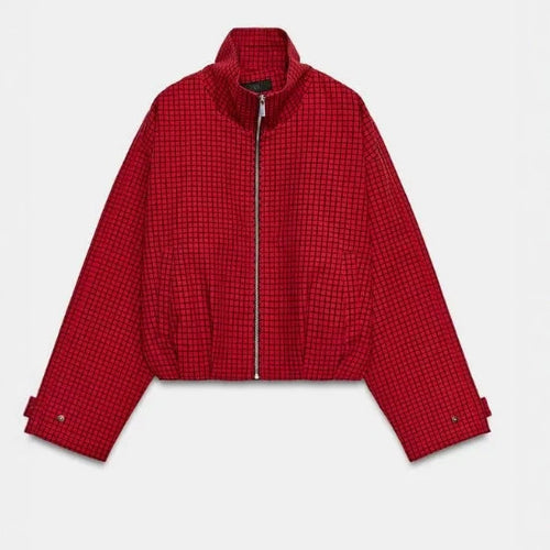 Damen Cropped Bomberjacke mit Stehkragen, Karomuster und elastischem Saum Drune