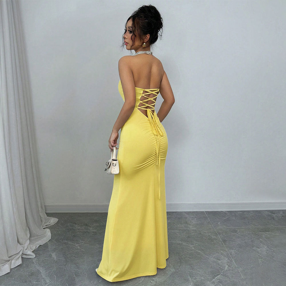 Damen figurbetontes Wickelmaxikleid mit schulterfreiem Design und sexy Rückenschlitz Drune