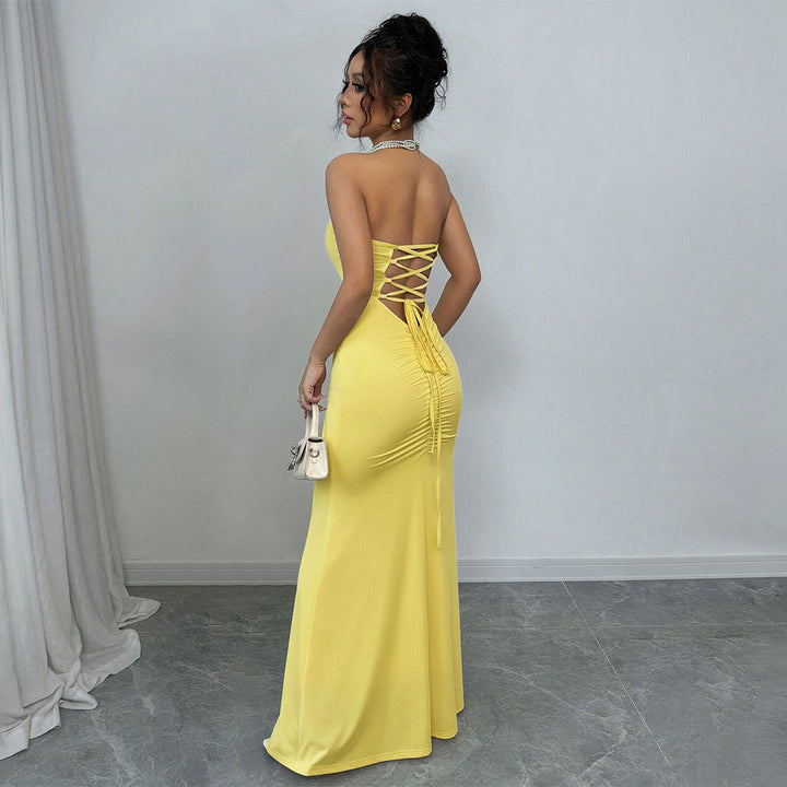 Damen figurbetontes Wickelmaxikleid mit schulterfreiem Design und sexy Rückenschlitz Drune