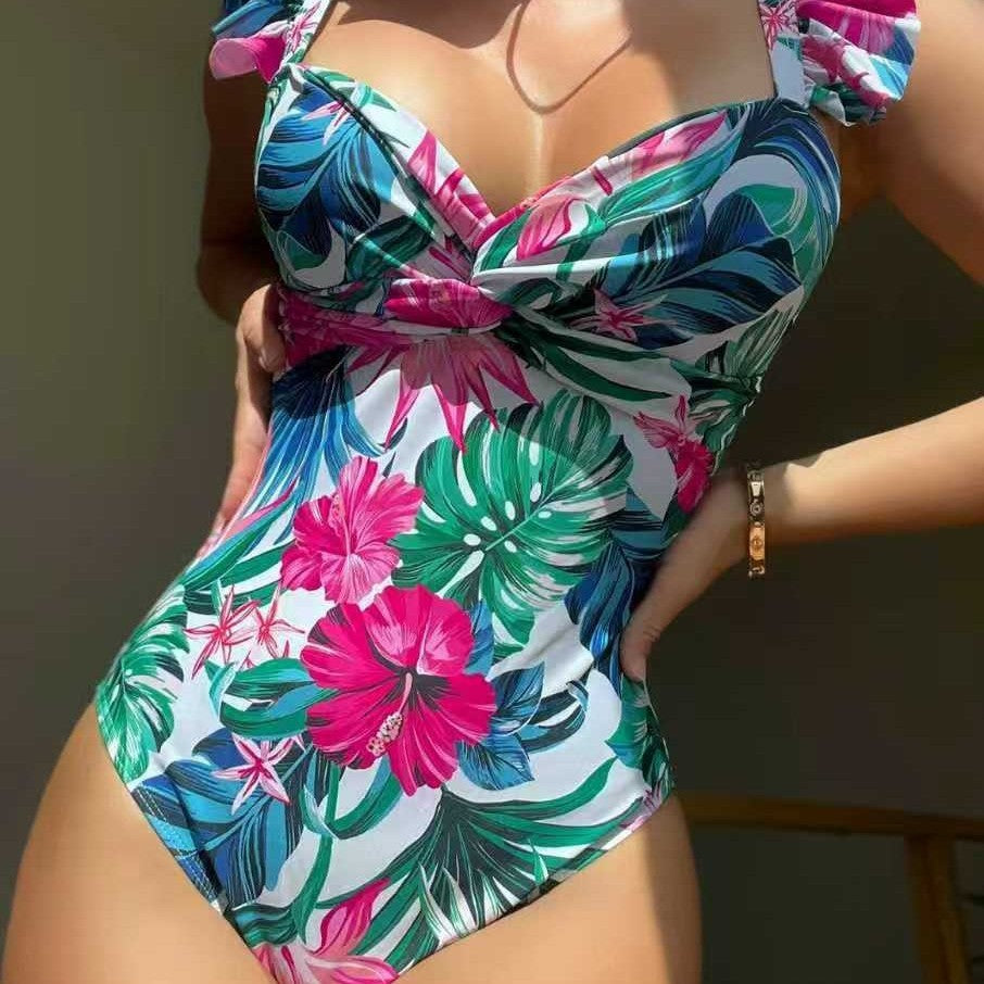 Damen Einteiler Badeanzug mit floralem Design und Rüschen Drune