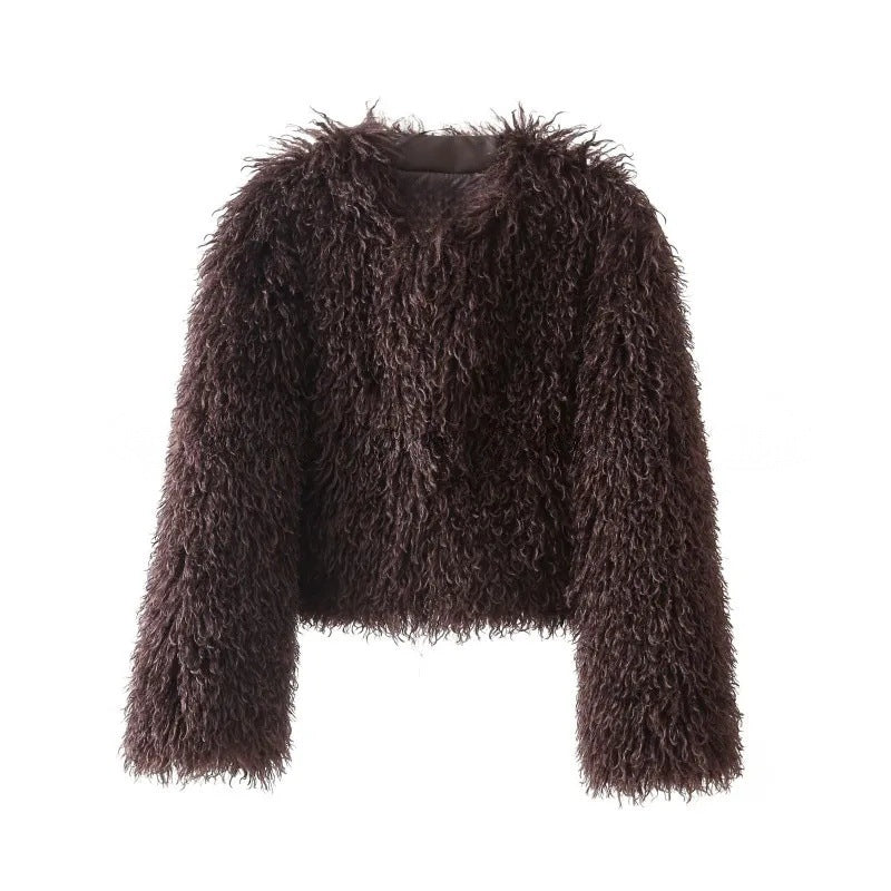 Damen kurze Bouclé‑Faux‑Fur‑Jacke mit voluminösem Langflor und kastiger Silhouette Drune