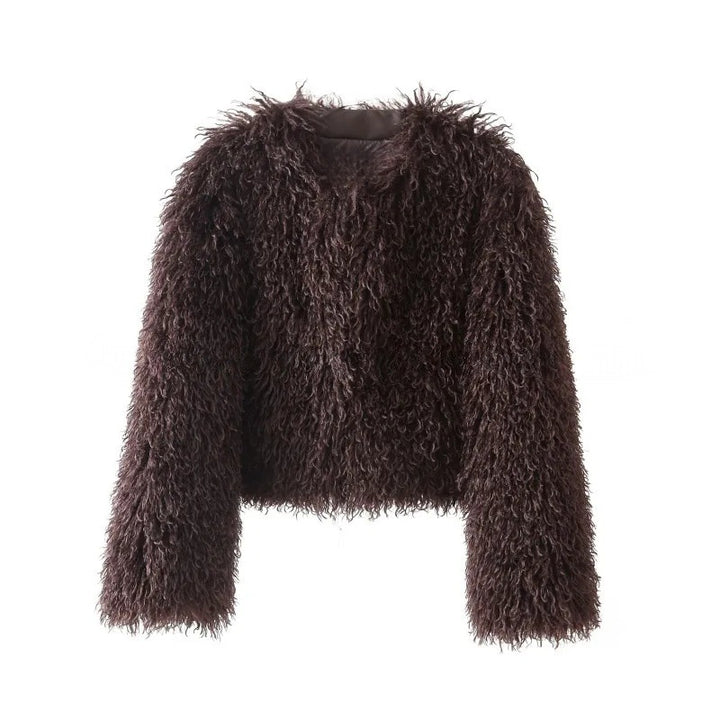 Damen kurze Bouclé‑Faux‑Fur‑Jacke mit voluminösem Langflor und kastiger Silhouette Drune