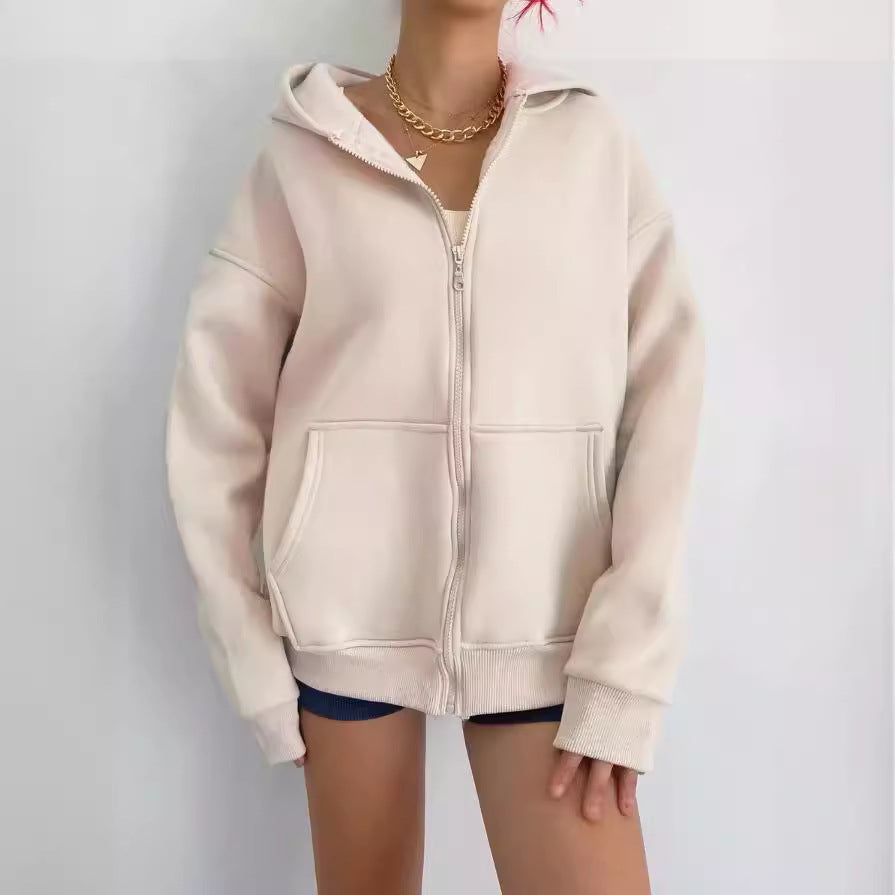Damen nan minimalistisches French-Terry Zip-Hoodie mit durchgehendem Reißverschluss, Kängurutasche und Daumenloch-Ärmeln Drune